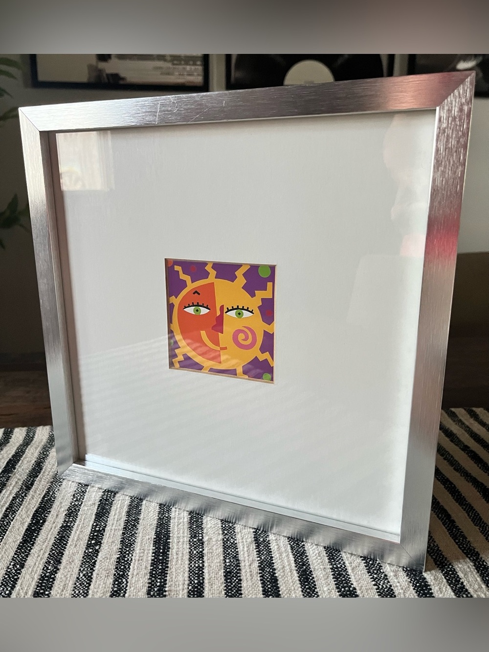 Vintage 90’s Celestial Sun Framed print with glass chrome frame w glass